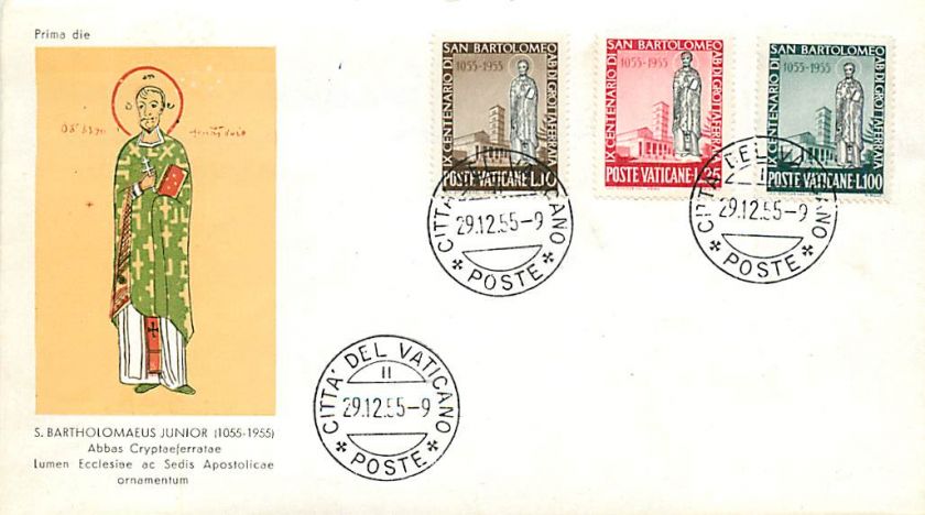VATICAN CITY   1955 First Day Cover   200 202, St. Bartholomew  