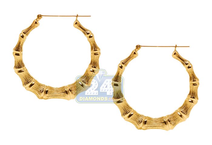 10K Yellow Gold Bamboo Hoop Womens Earrings 1 7/10 inch  