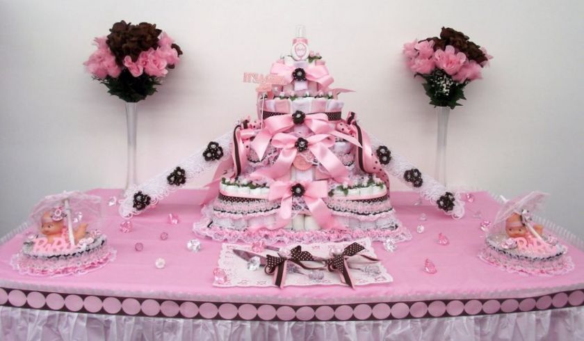 4Tier Pink/Brown Baby Shower Diaper Cake Centerpiece/Gift/Decoration 