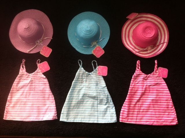   BABY GIRL SUN DRESS PINK PURPLE BLUE MATCHING STRAW HATS 18 24 months