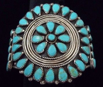 Vntg SIGNED HUGE Silver Pettipoint Turquoise Bracelet Cuff STERLING 